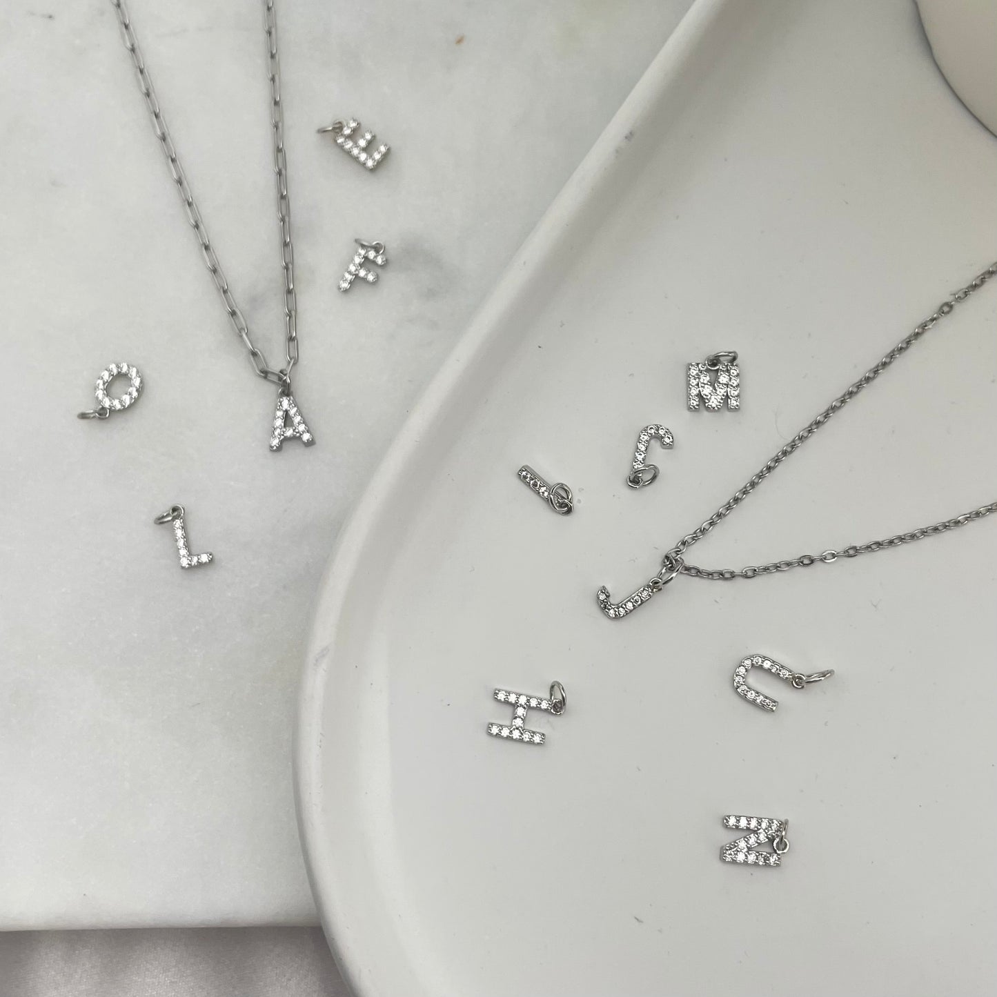 Personalized stainless steel initial necklace, paperclip chain and rolo chain