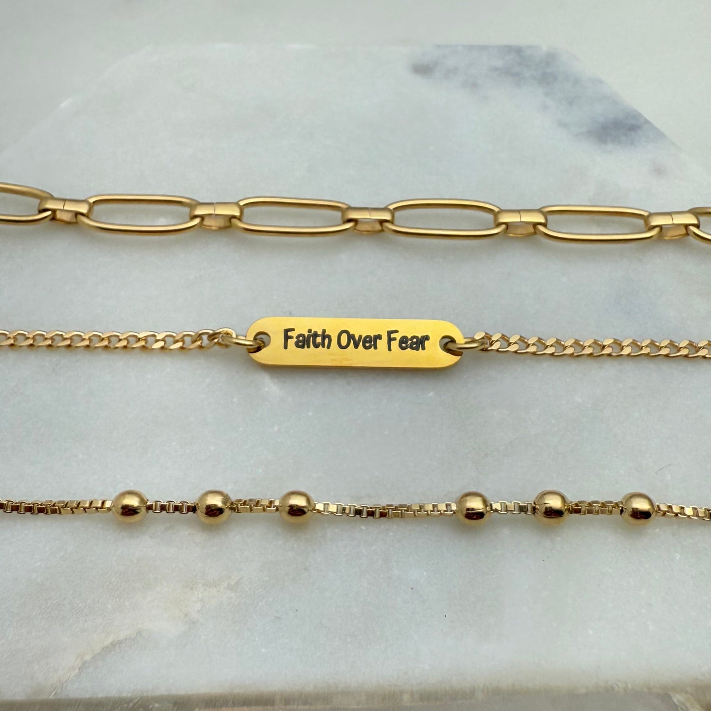Close look to wide paperclip link chain, Engraved "Faith Over Fear" Bracelet, Bead link Bracelet, all in gold filled