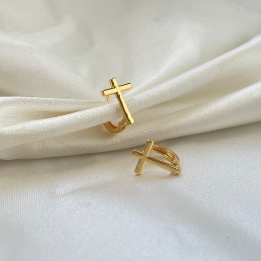 Gold cross huggie hoop earrings, 18k gold filled hoops lever back