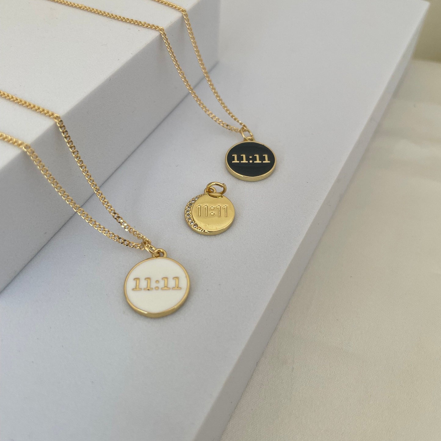 3 pendants of 11:11 angel number pendant, comes in black, white and gold. Make a wish 18 inches necklace in 18k gold filled