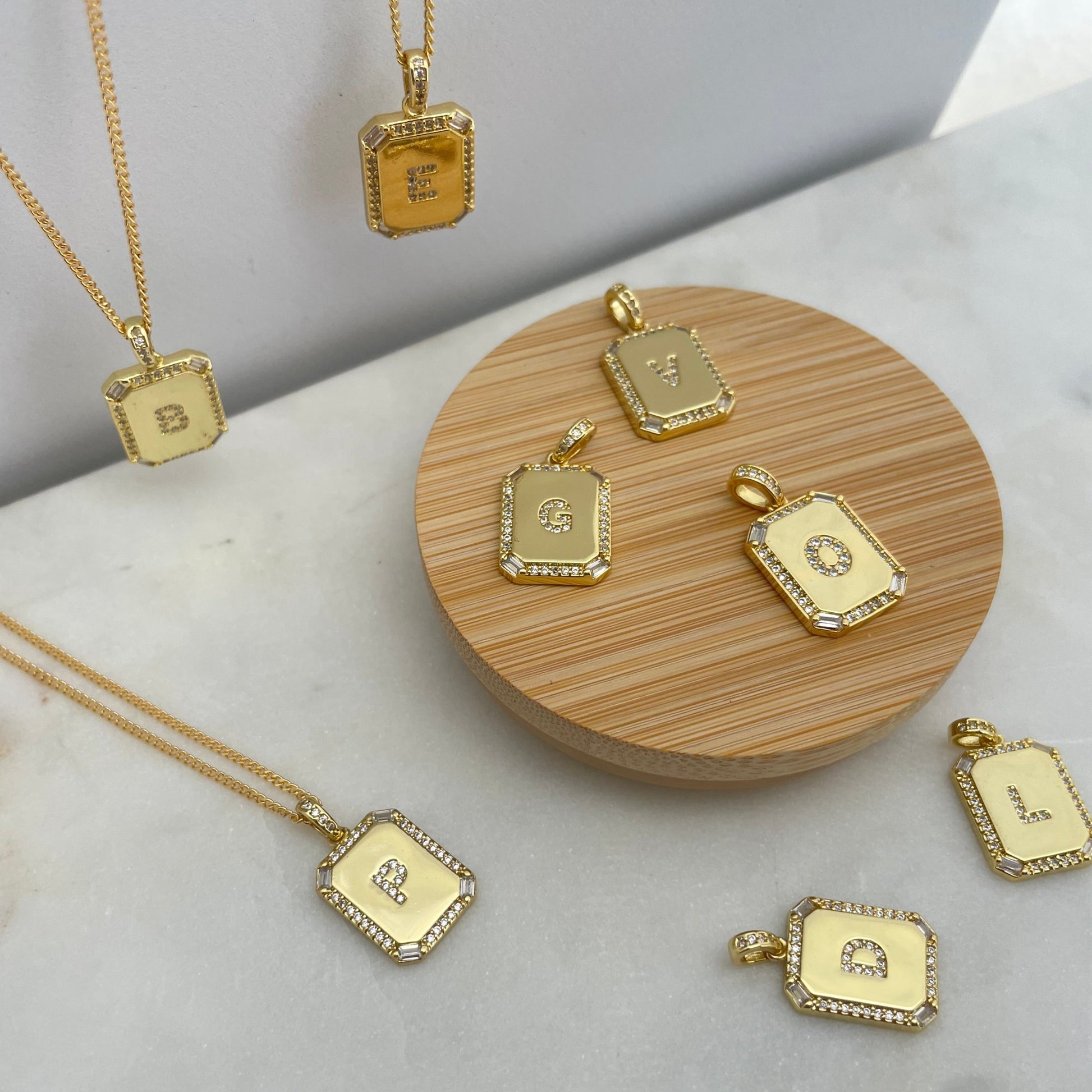 Square initial necklace in 18k gold filled chain necklace