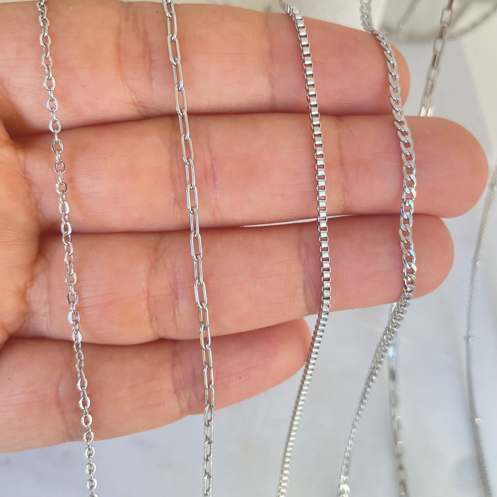 Stainless Steel Rolo, paperclip, box and curb chain layered Necklaces