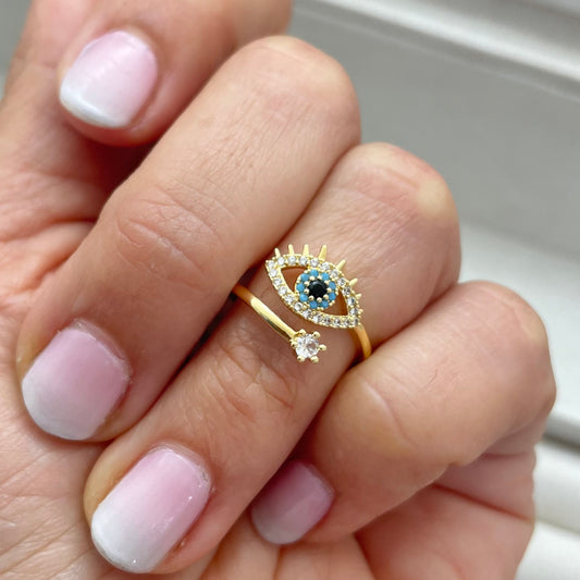 Gold Plated Evil Eye adjustable ring with Cz and crystals