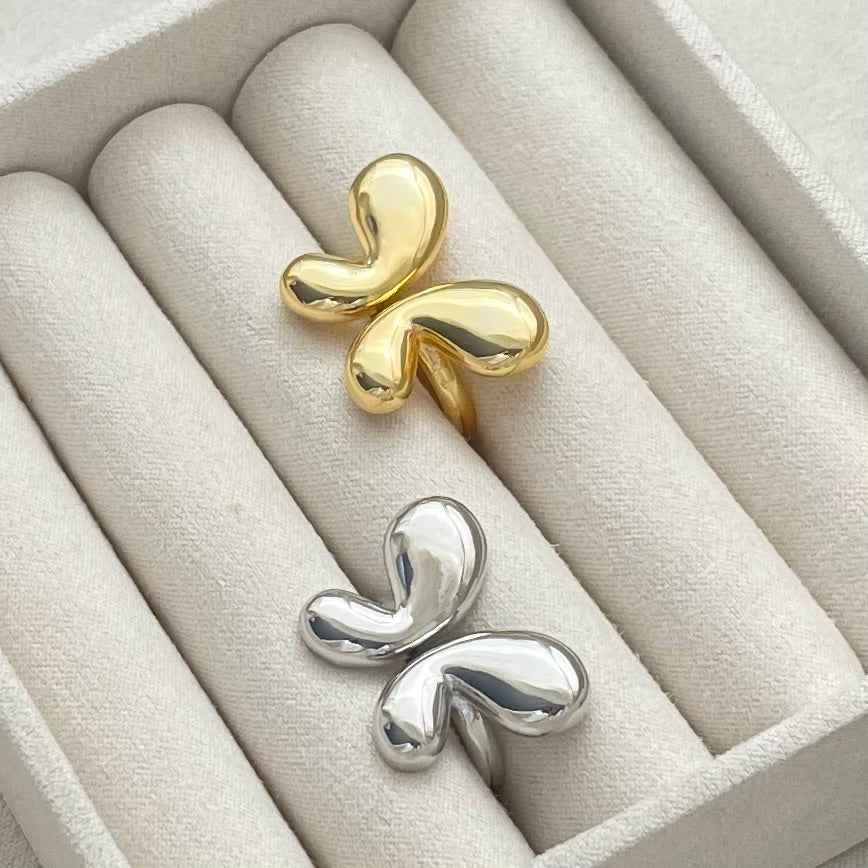 Chunky Butterfly Ring in stainless steel color steel and gold plated