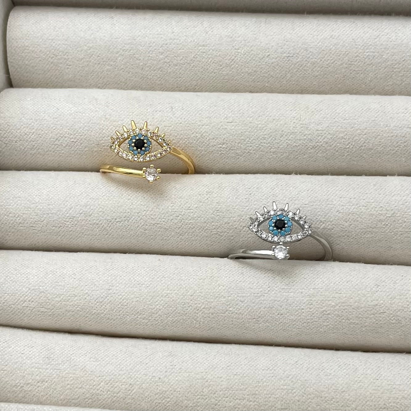 Rhodium and Gold Plated Evil Eye adjustable ring with Cz and crystals