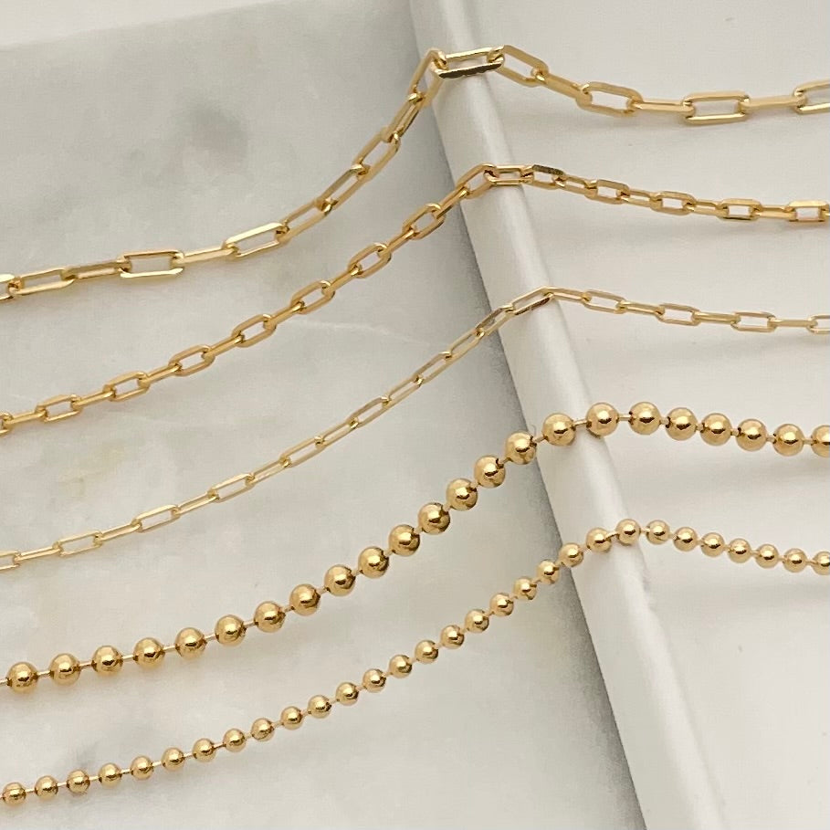 Chains for multi charm necklaces in 18k gold filled, paperclip and beaded link