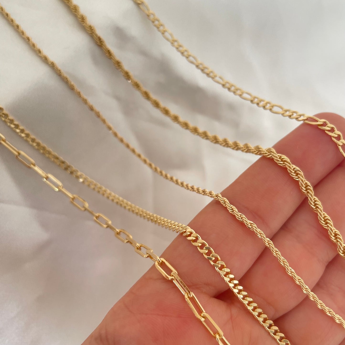 18k Gold filled Layered Necklace. Paperclip, Curb Chain, Rope, and Figaro.