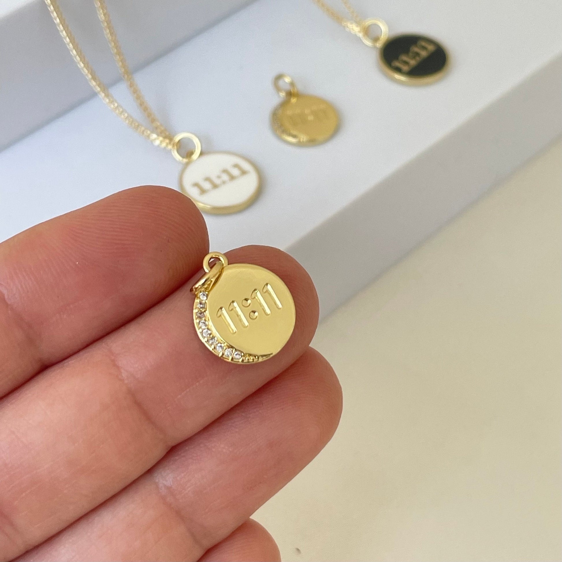 Small gold 11:11 lucky number necklace comes in 16 or 18 inches length, 18k gold filled chain and gold plated pendant