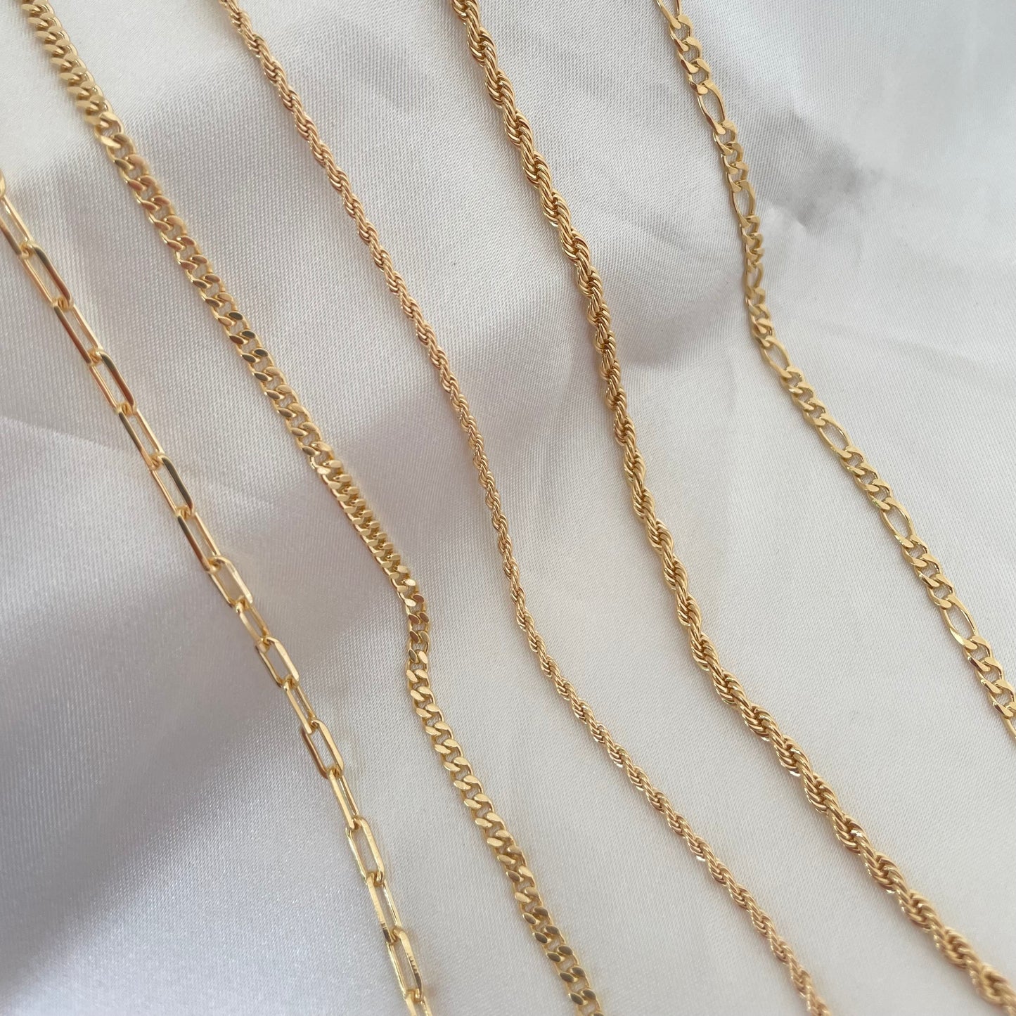 18k Gold filled Layered Necklace. Paperclip, Curb Chain, Rope, and Figaro.