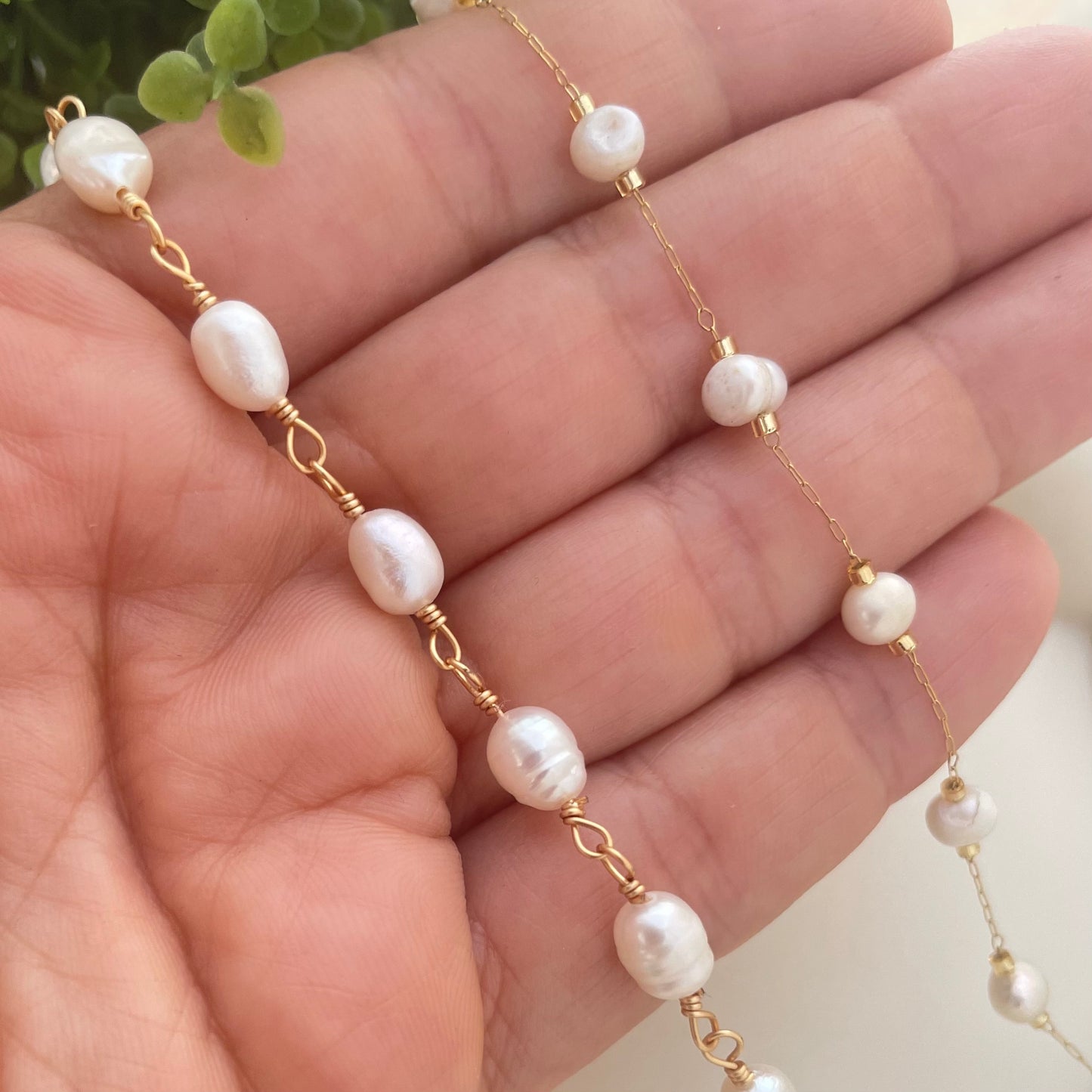 Fresh water pearl necklace in stainless steel, and wire wrapped pearl necklace