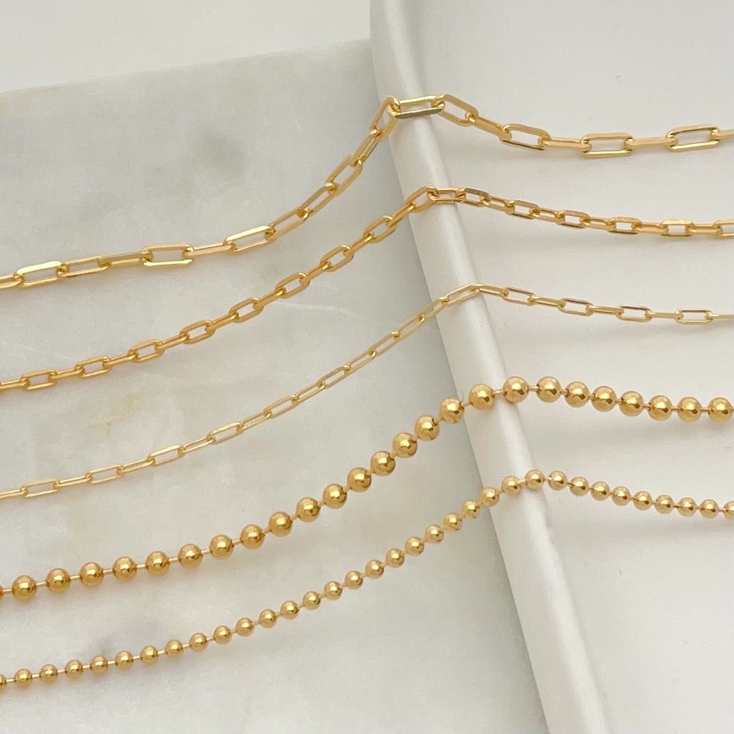 Chains for multi charm necklaces in 18k gold filled, paperclip and beaded link