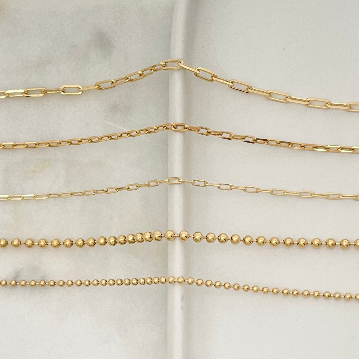 Chains for multi charm necklaces in 18k gold filled, paperclip and beaded link