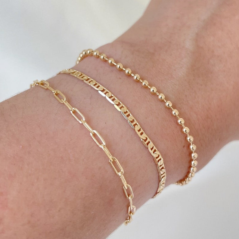 Set of 3 dainty bracelets, paperclip, mariner, and beaded bracelet all in 18k gold filled