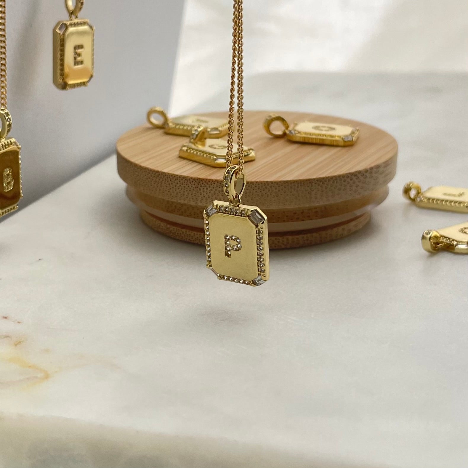 Square initial necklace in 18k gold filled chain necklace