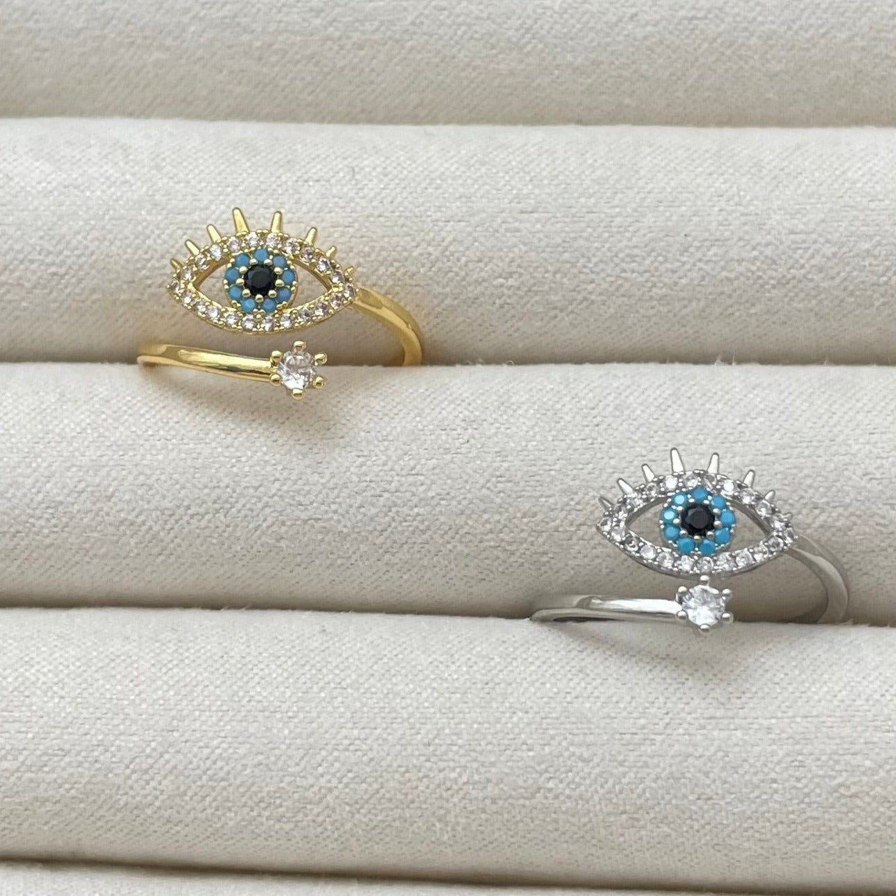 Gold and Rhodium Plated Evil Eye adjustable ring with Cz and crystals