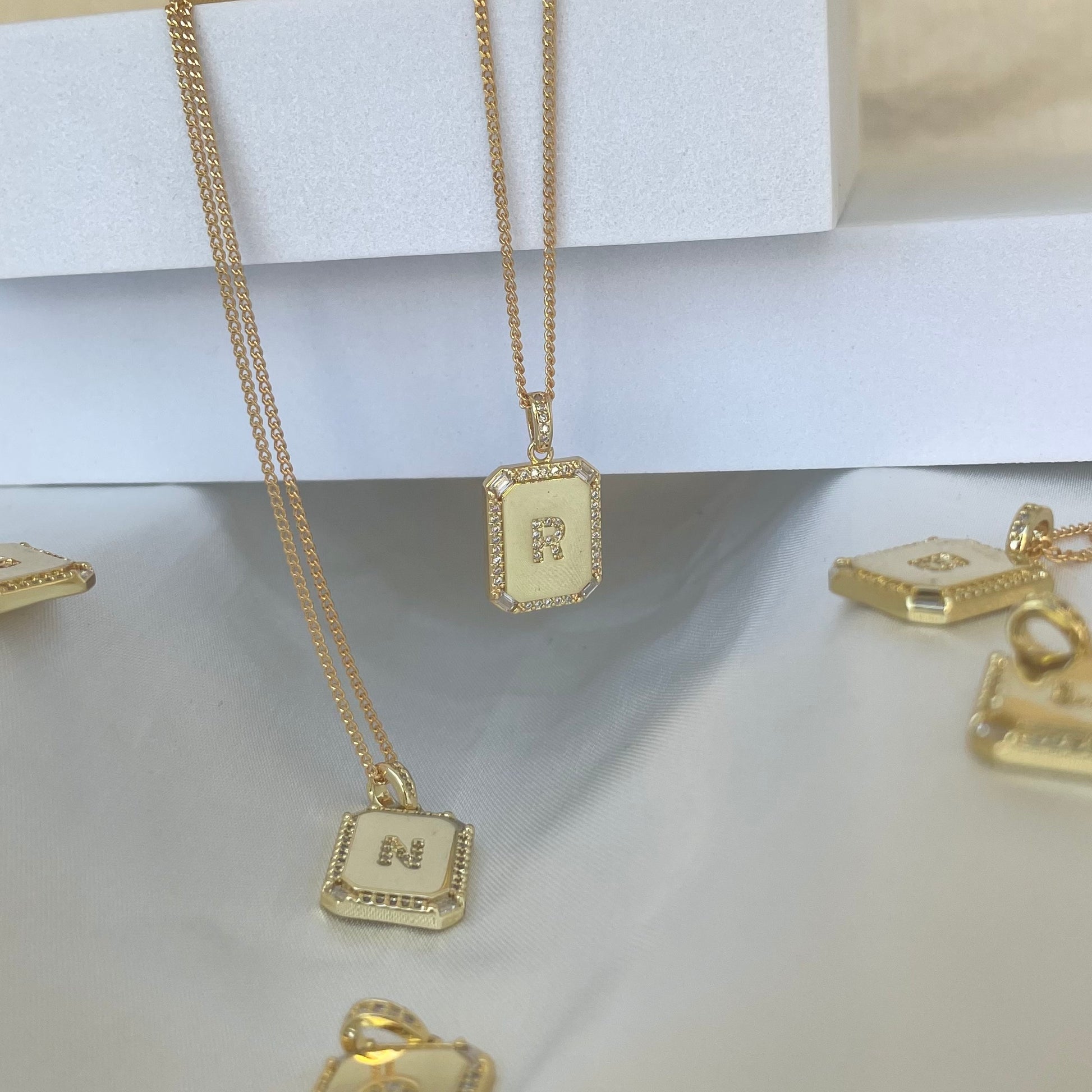 Square initial necklace in 18k gold filled chain necklace