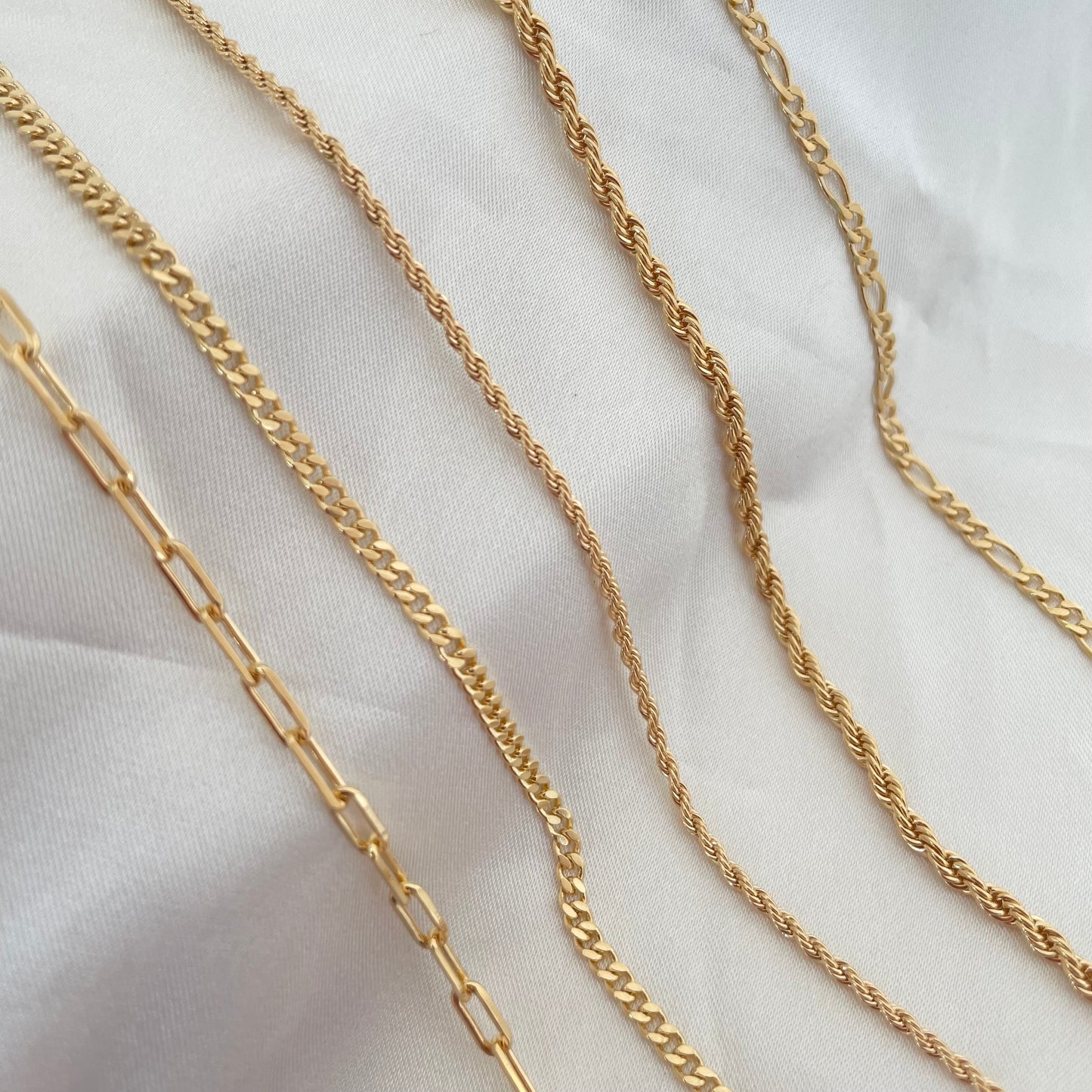 18k Gold filled Layered Necklace. Paperclip, curb chain, rope, and Figaro