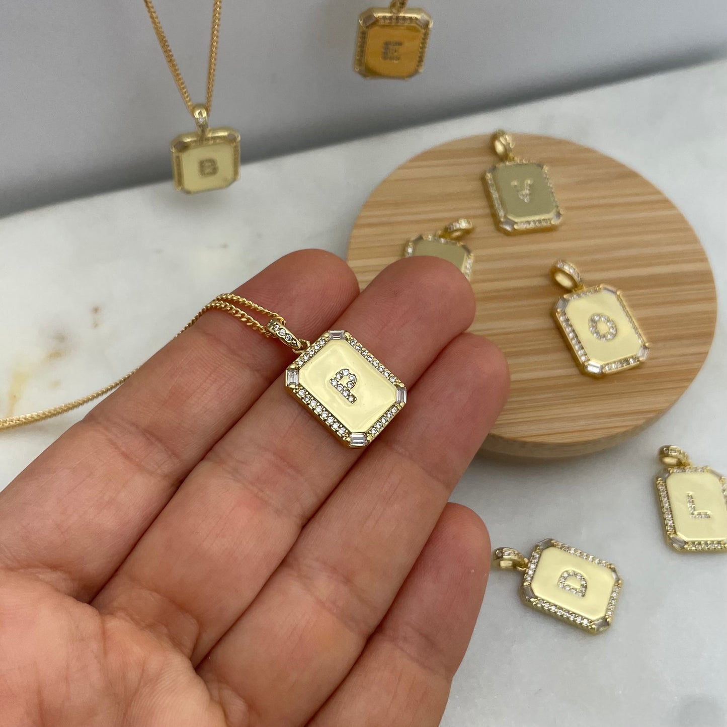 Square initial necklace in 18k gold filled chain necklace