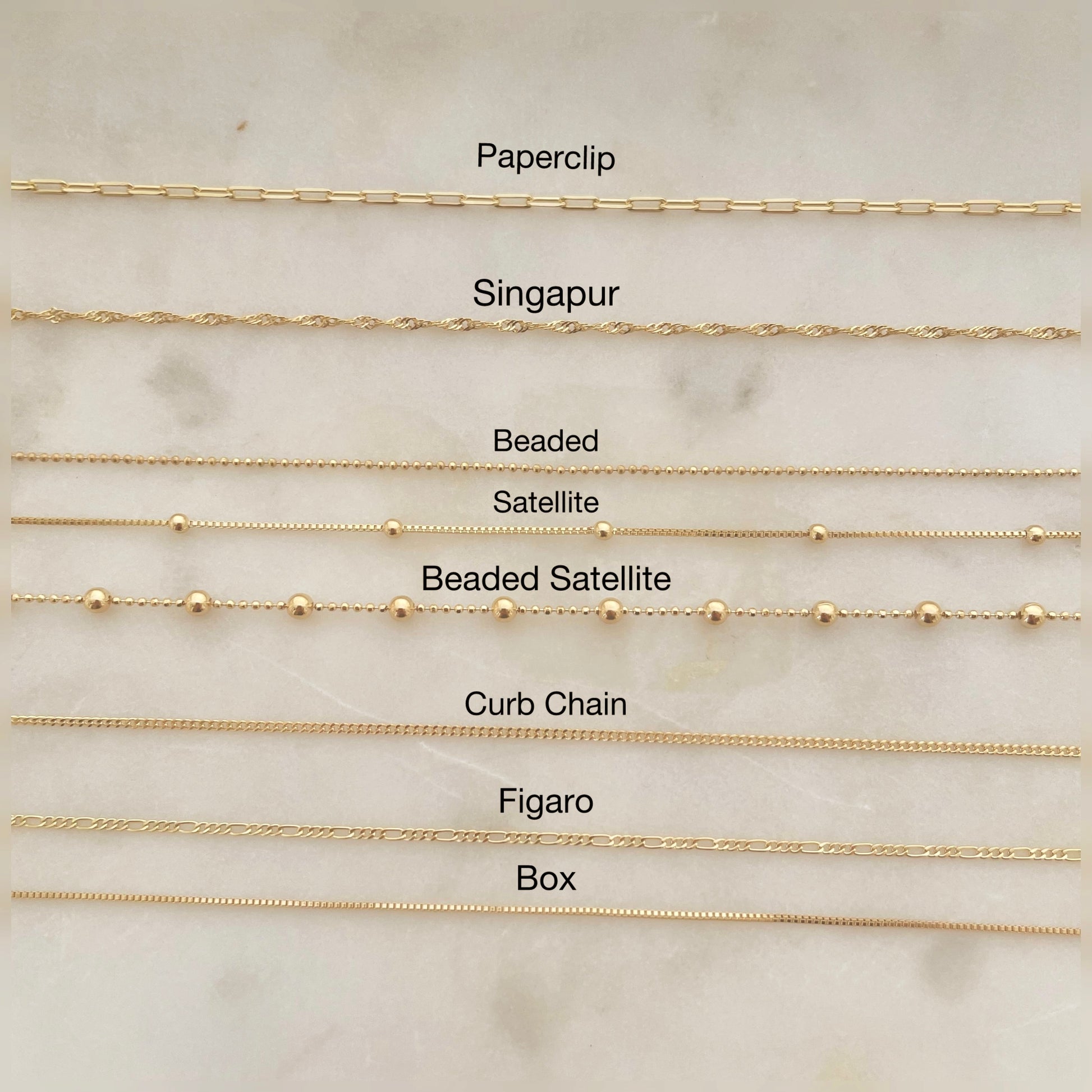 18k Gold filled chain necklaces, variety of paperclip, singapur, beaded, satellite, beaded satellite, curb chain, figaro and box all in dainty styles