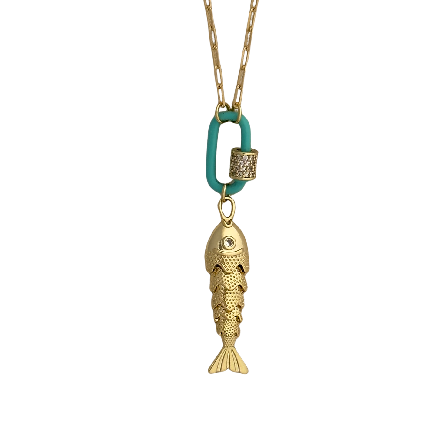 Gold fish pendant necklace with a turquoise clasp on a white background