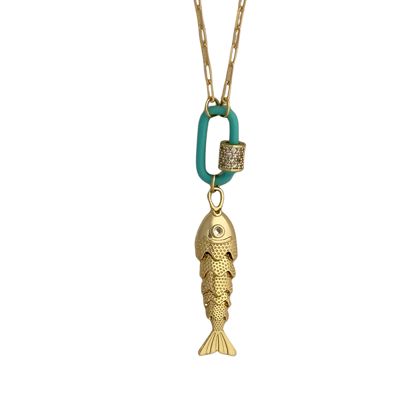 Gold fish pendant necklace with a turquoise clasp on a white background