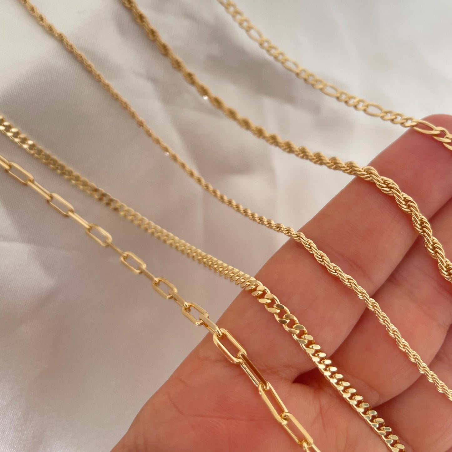 Gold filled Layered Necklace in different styles Paperclip, Curb Chain, Rope, and Figaro.