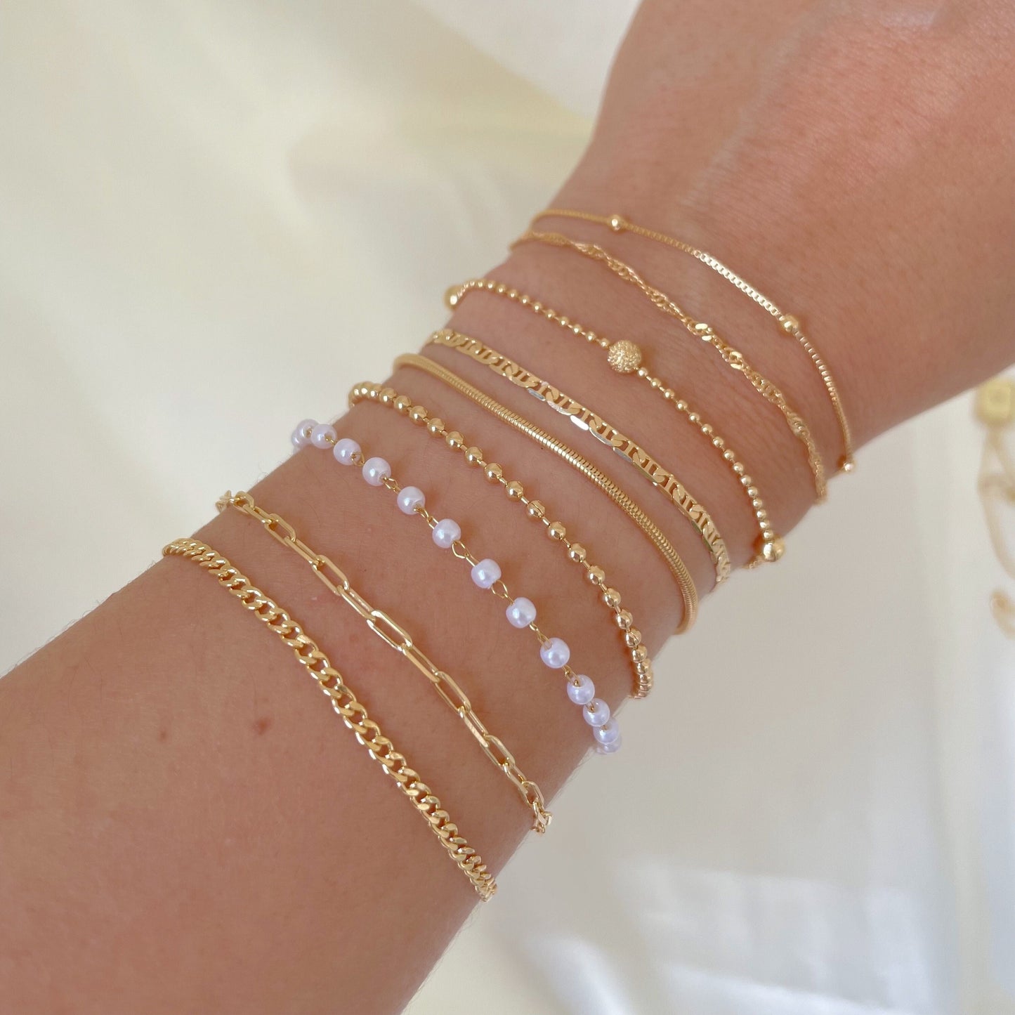 Dainty bracelets, satellite chain, singapur chain, beaded satellite bracelet, mariner bracelet, snake bracelet, beaded bracelet, pearl bracelet, paperclip bracelet, curb chain bracelet all in 18k gold filled