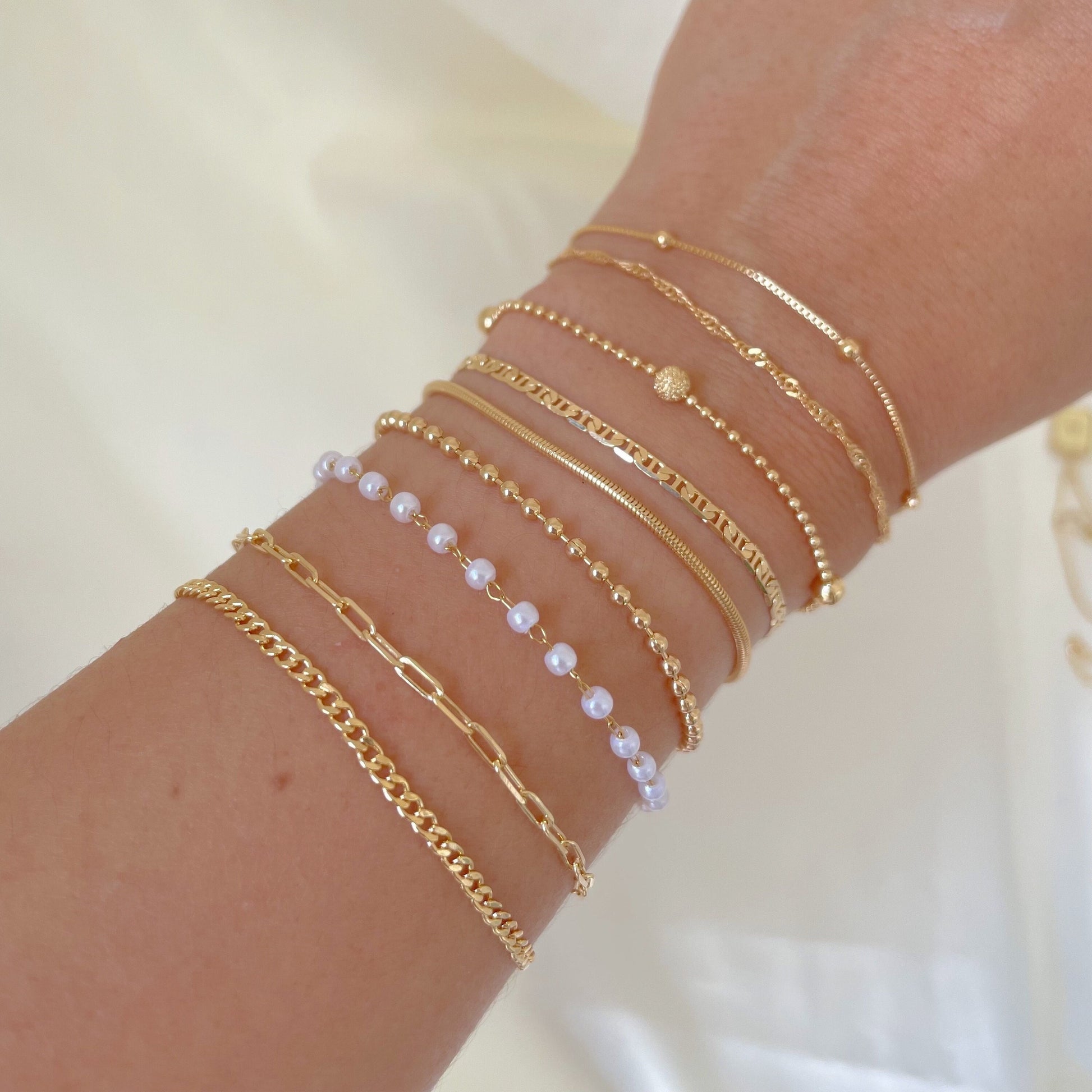 Dainty bracelets, satellite chain, singapur chain, beaded satellite bracelet, mariner bracelet, snake bracelet, beaded bracelet, pearl bracelet, paperclip bracelet, curb chain bracelet all in 18k gold filled