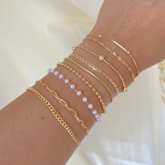 Dainty bracelets, satellite chain, singapur chain, beaded satellite bracelet, mariner bracelet, snake bracelet, beaded bracelet, pearl bracelet, paperclip bracelet, curb chain bracelet all in 18k gold filled
