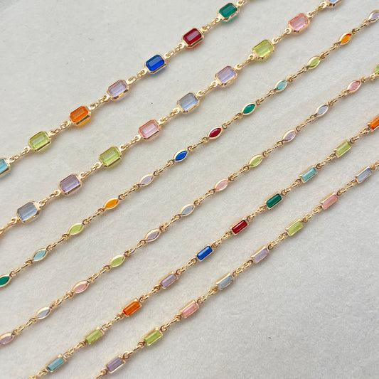 Multi color crystal chain necklace gold close up 