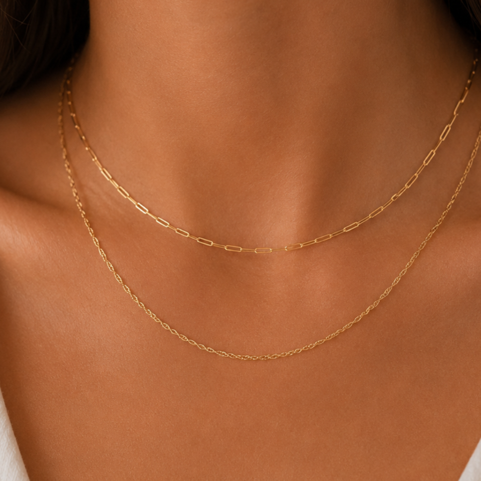 Close-up of a person wearing a gold necklace with a white top.