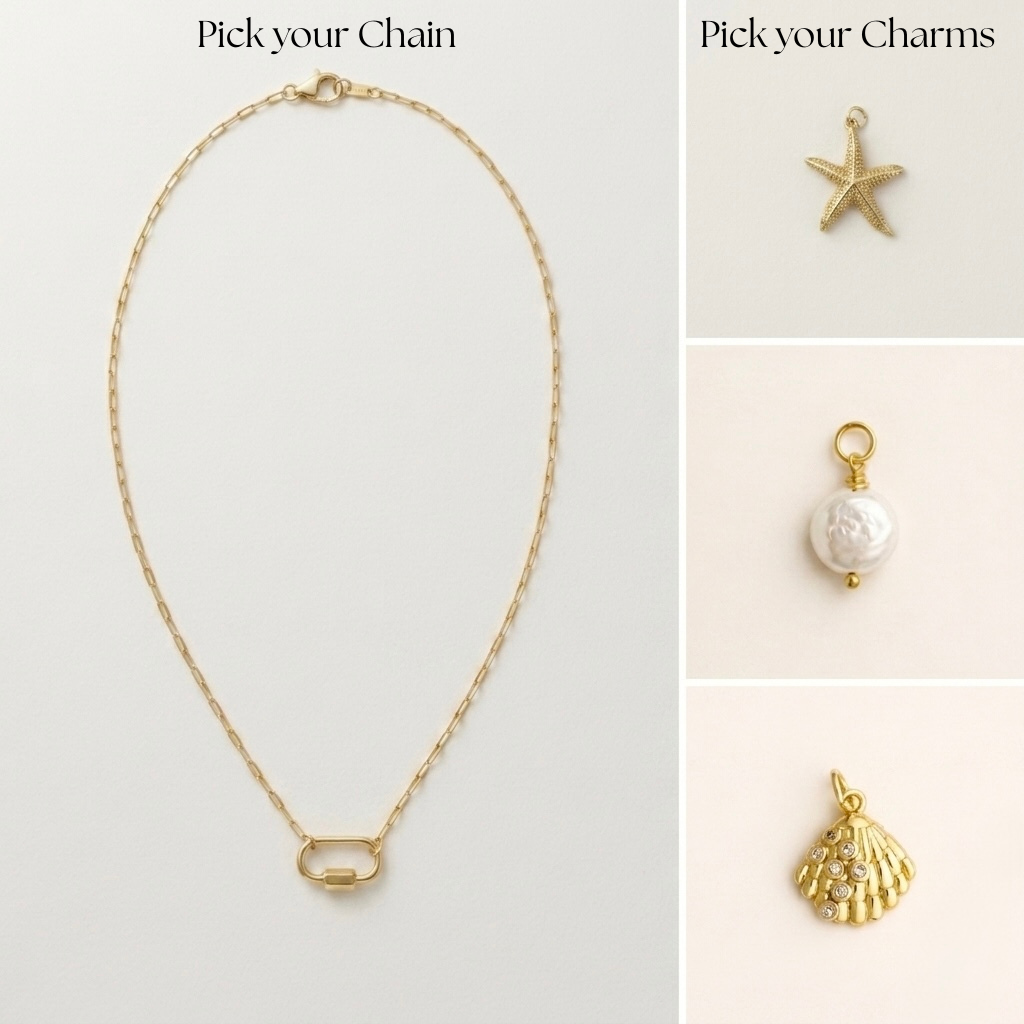 Gold-filled paperclip necklace with  a carabiner lock and charm options to pick for custom jewelry on a light gray background