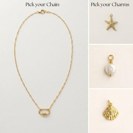 Gold-filled paperclip necklace with  a carabiner lock and charm options to pick for custom jewelry on a light gray background