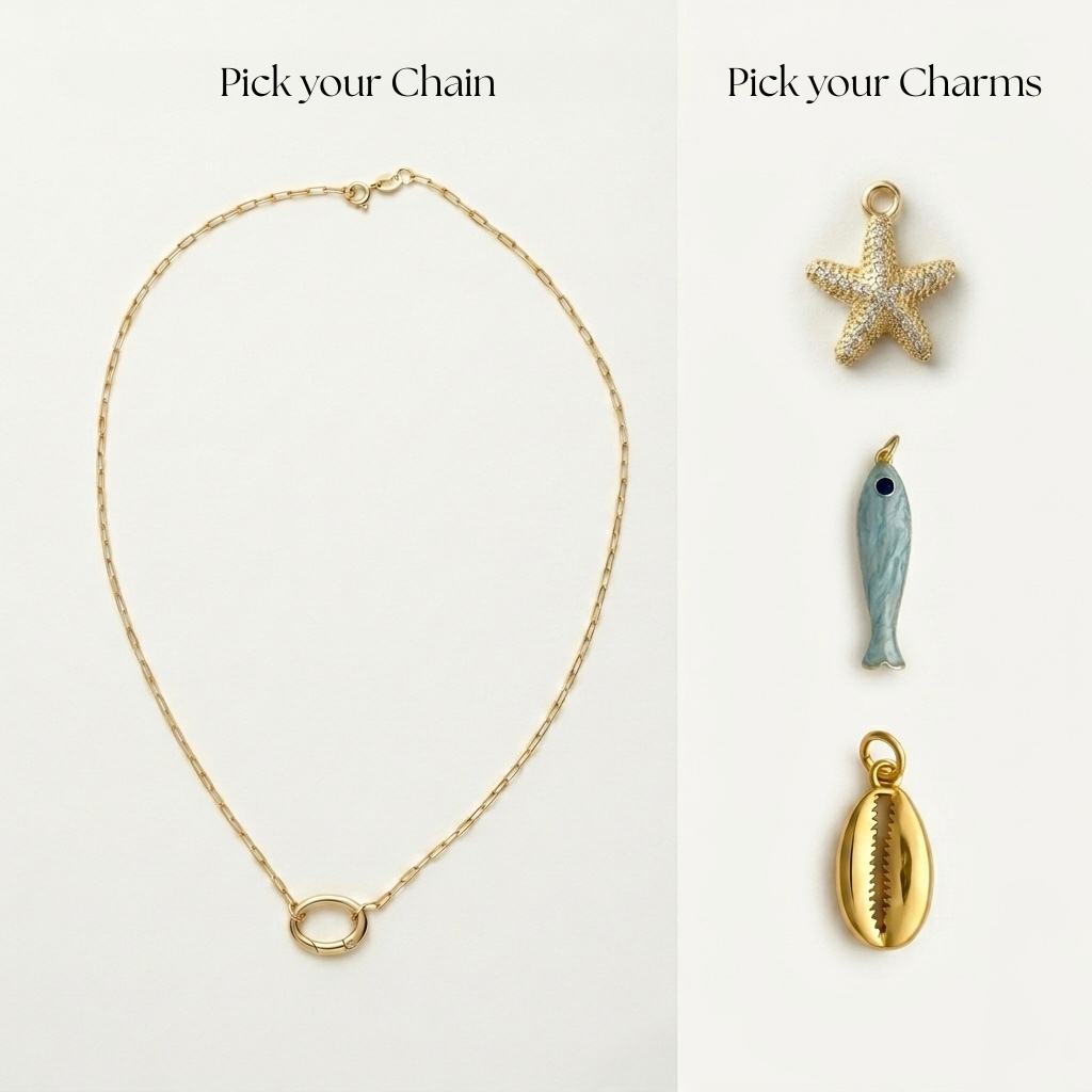 Gold-filled paperclip necklace with push clasp to hang charms, feature charms are starfish, fish, and shell  on a white background