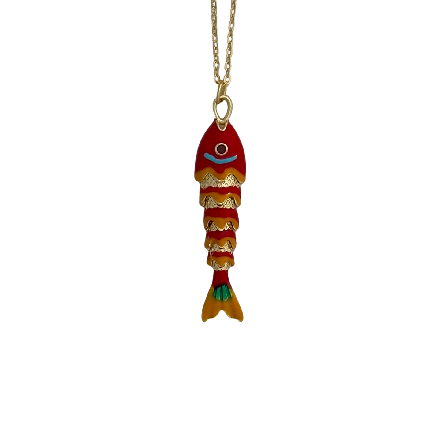 Red and orange enamel fish, white background.
