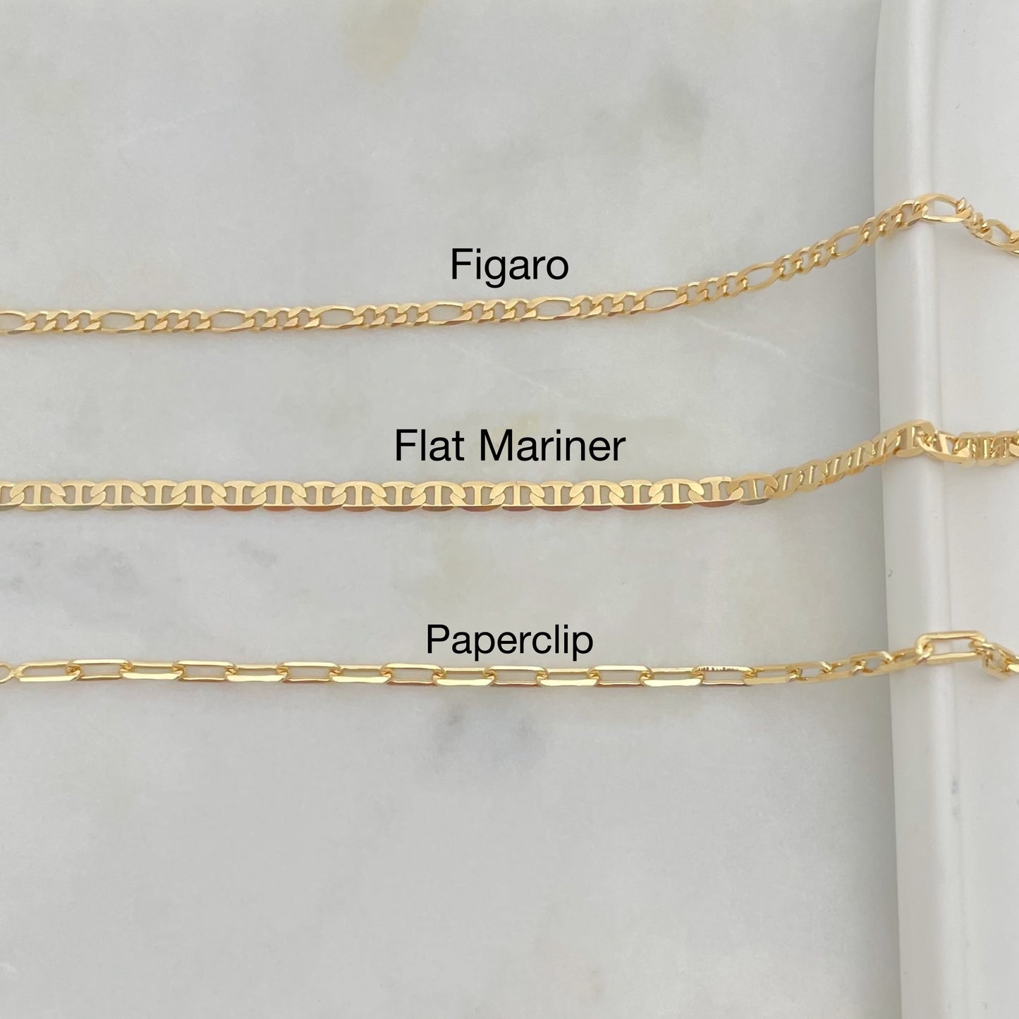Three different views of a 18k gold filled flat mariner anklet bracelet, showing the design details and the gold-filled chain.