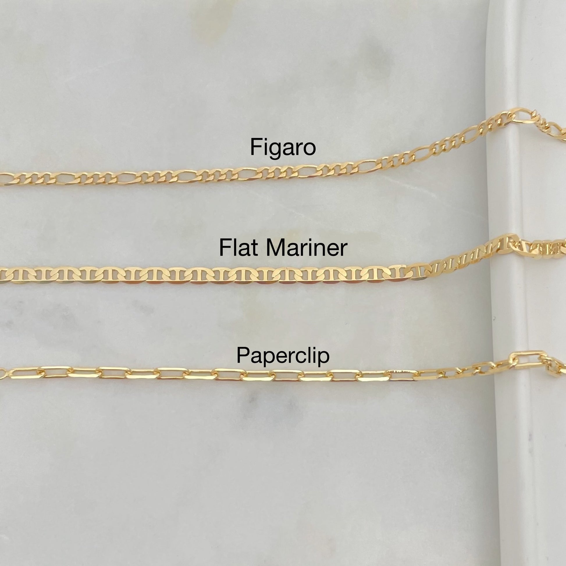 Three different views of a 18k gold filled flat mariner anklet bracelet, showing the design details and the gold-filled chain.