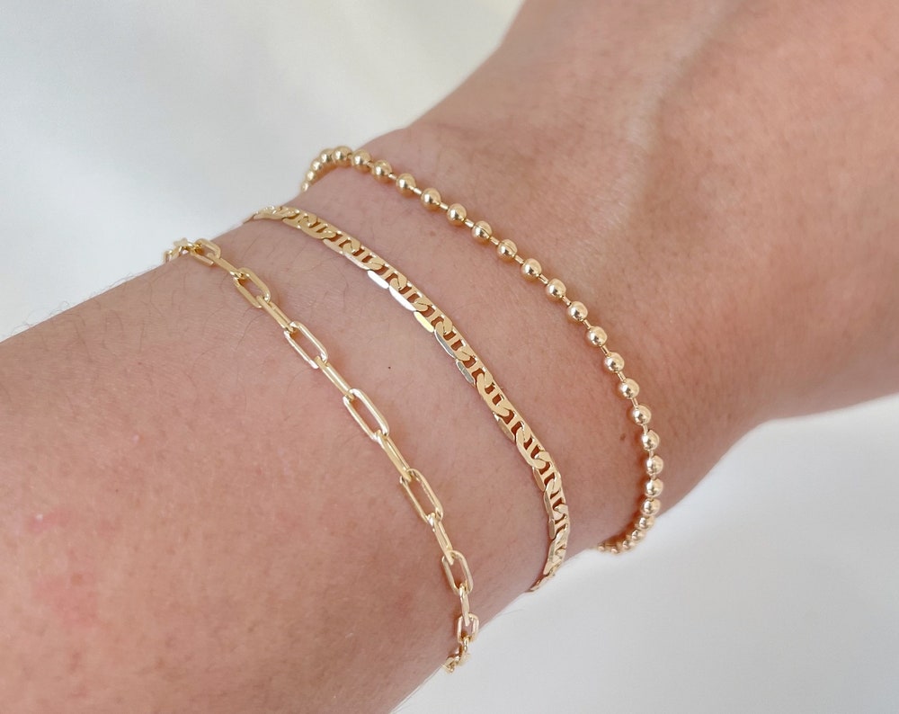 Set of 3 dainty bracelets, paperclip, mariner, and beaded bracelet all in 18k gold filled