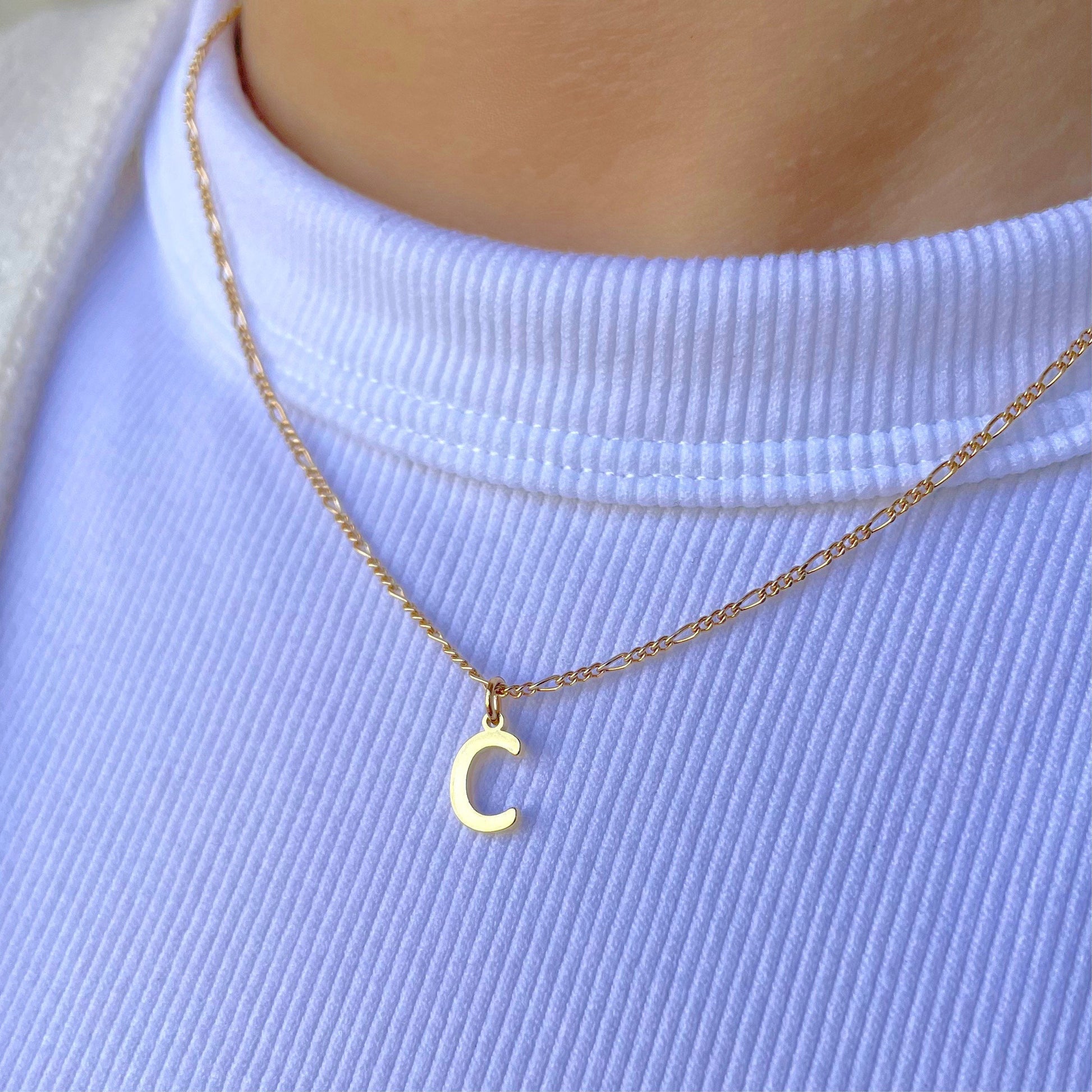 Gold small initial letter in 18k Gold filled chain necklace, letter gold plated