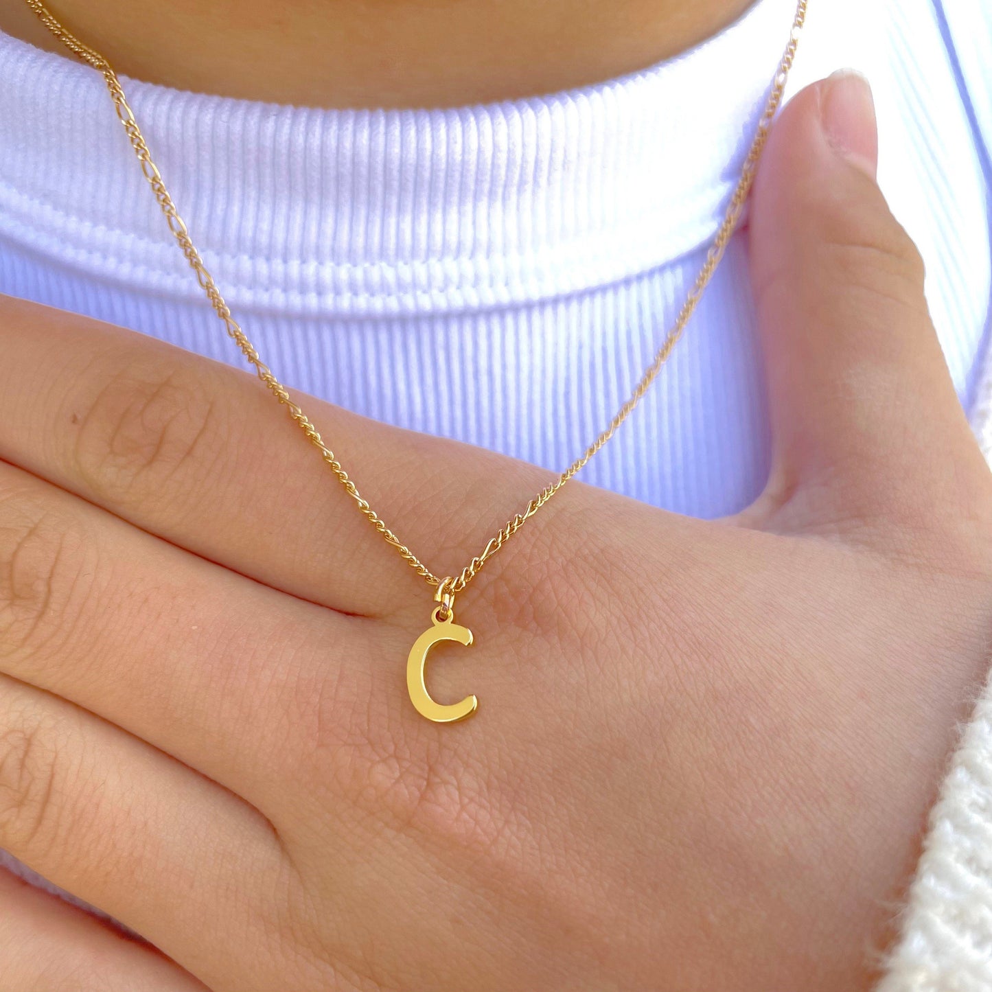 Gold small initial letter in 18k Gold filled chain necklace, letter gold plated