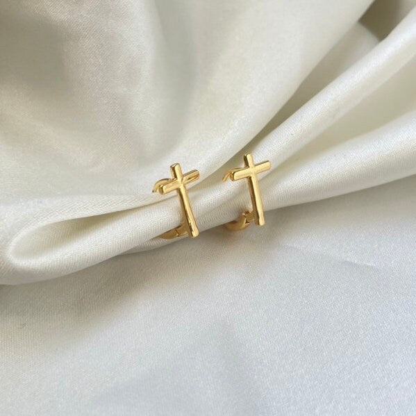 Gold Cross Huggie Hoop Earrings, material 18k gold filled, lever back