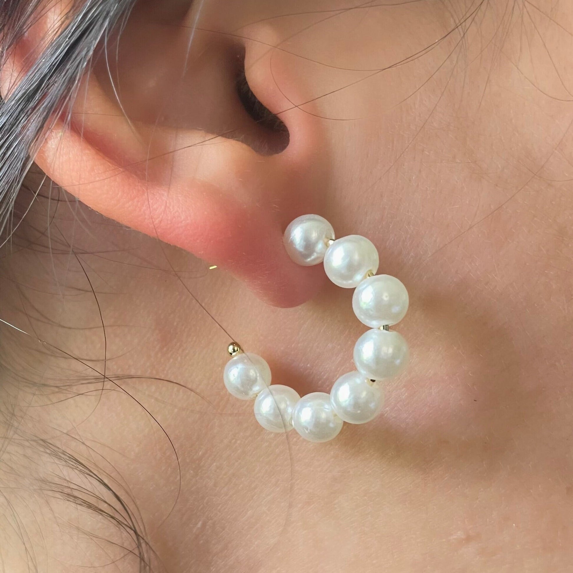 Faux pearl medium hoop earrings in 18k gold filled, push back hoops