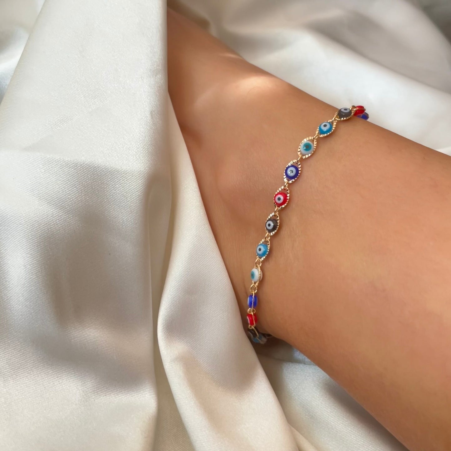 Multicolor evil eye anklet in 18k gold filled. White, red, royal blue and light blue evil eye anklet bracelet