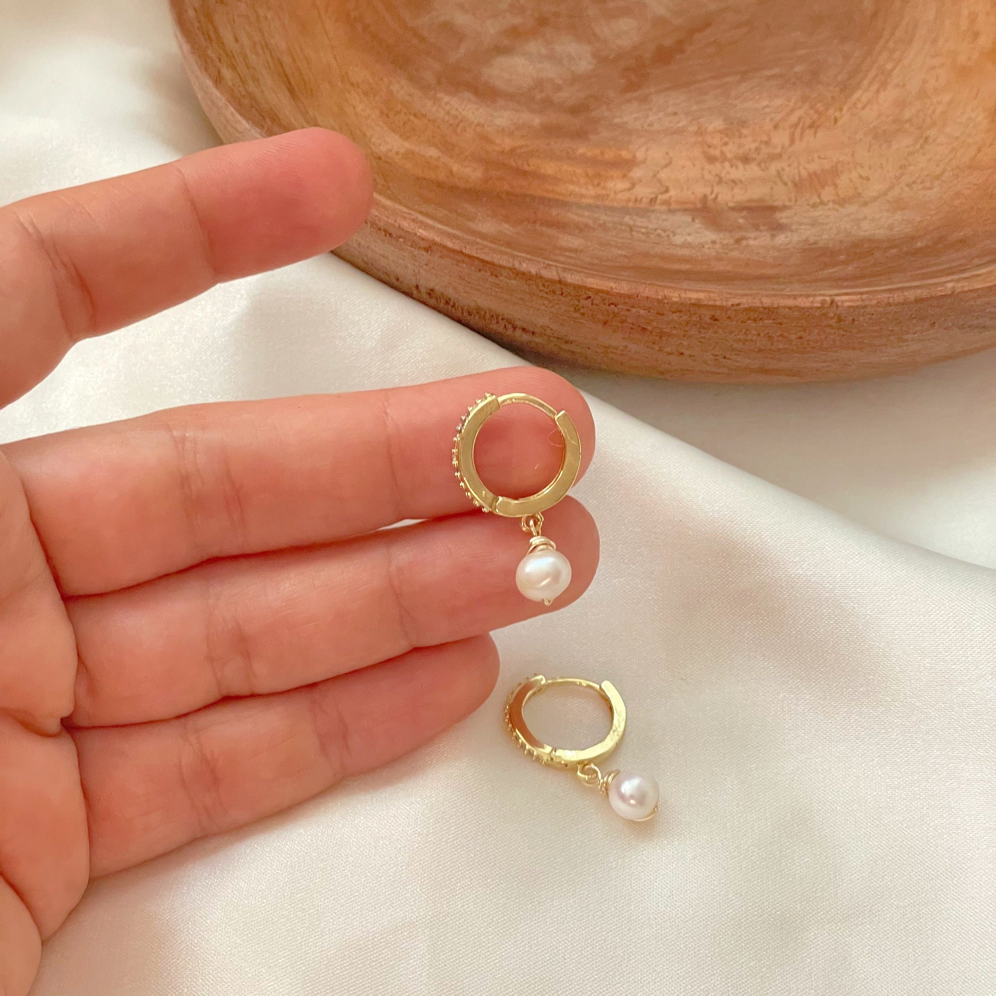 Dangle pearl hoop earrings gold plated, cubic zirconia hoops, natural pearl, fresh water pearl