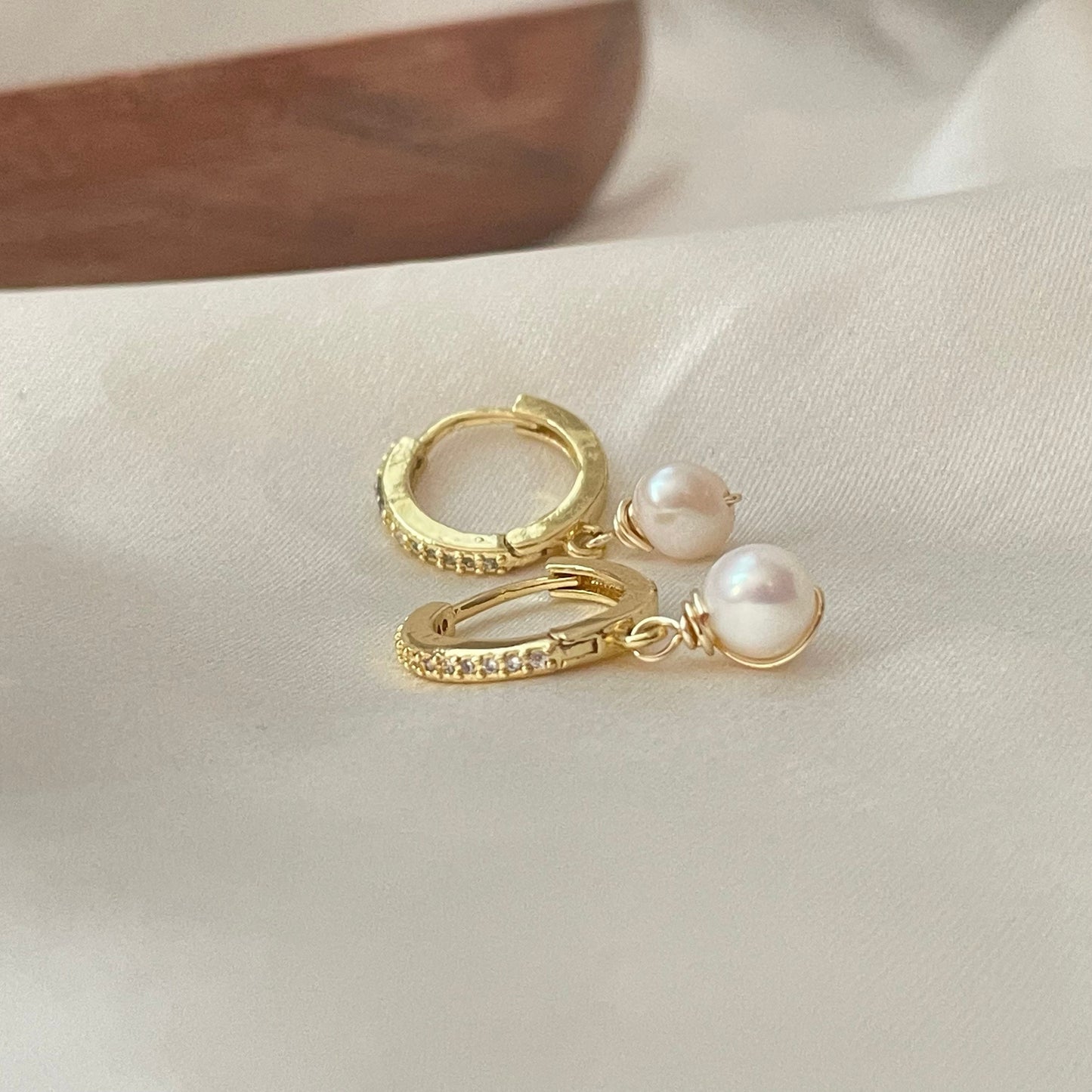 Dangle pearl hoop earrings gold plated, cubic zirconia hoops, natural pearl, fresh water pearl