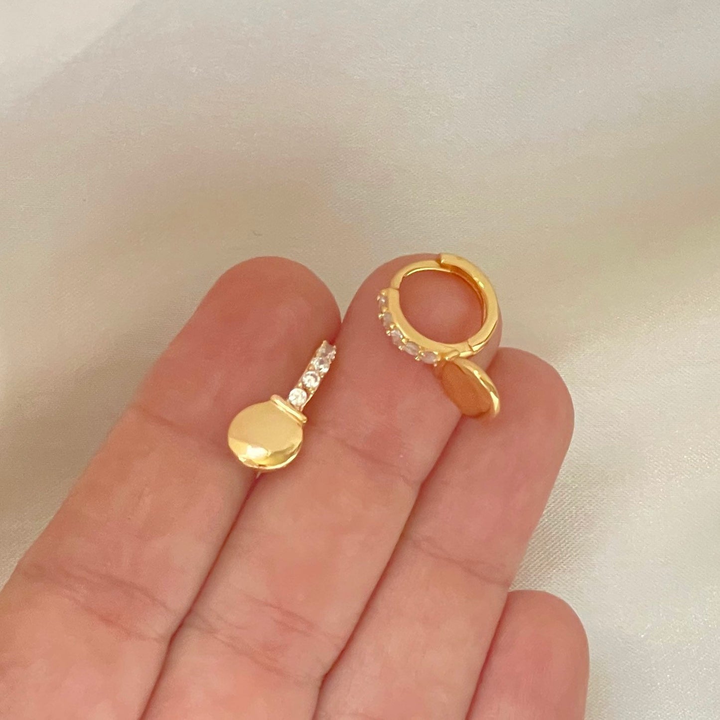 Cz huggie hoop earrings in 18k gold filled, attached circle at the bottom of the earrings