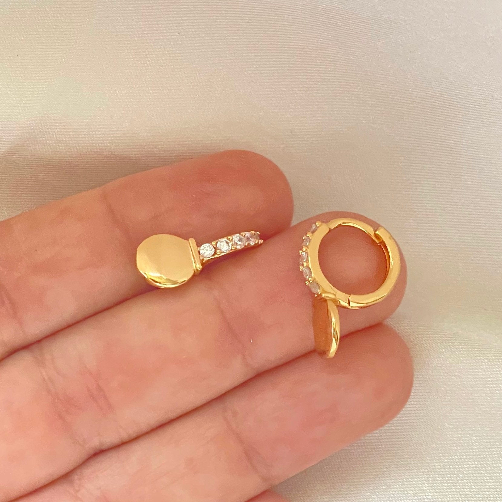 Cz huggie hoop earrings in 18k gold filled, attached circle at the bottom of the earrings