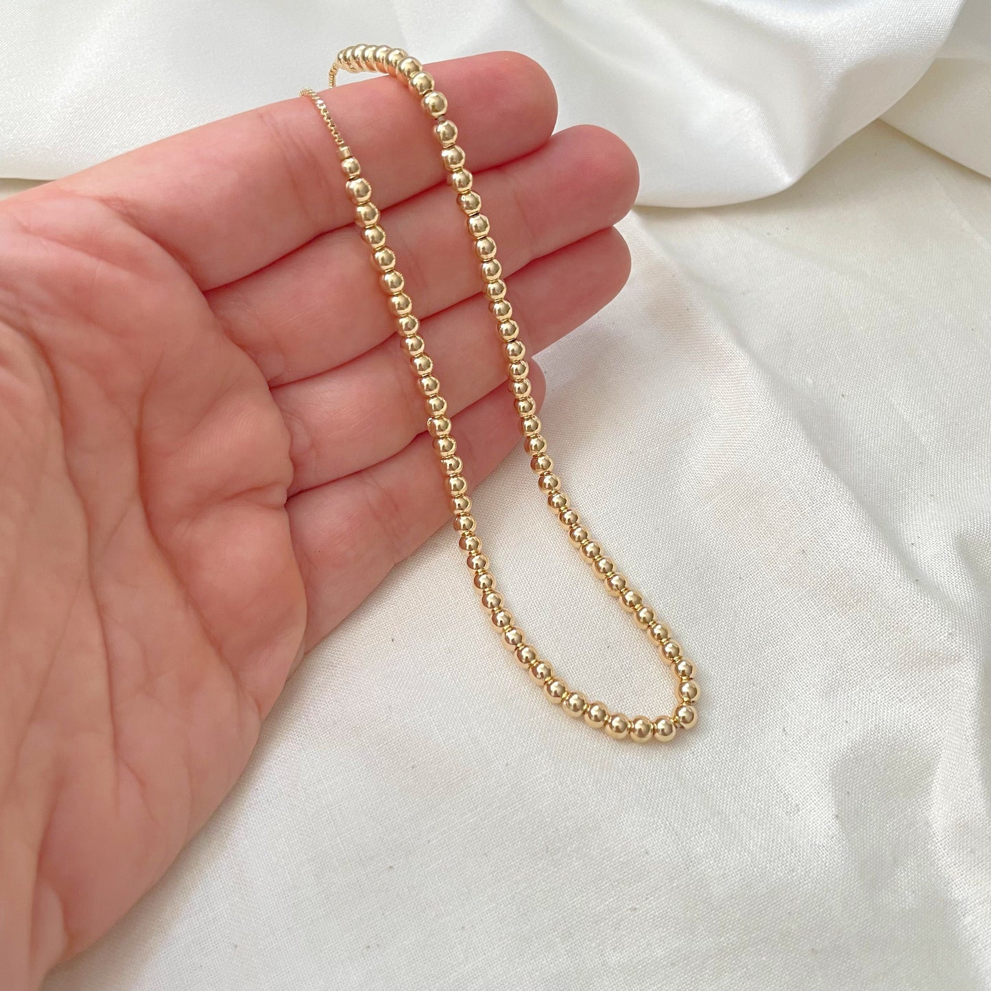 4 mm necklace in 18k gold filled comes in 14 and 16 inches both with extender 2-3 inches 