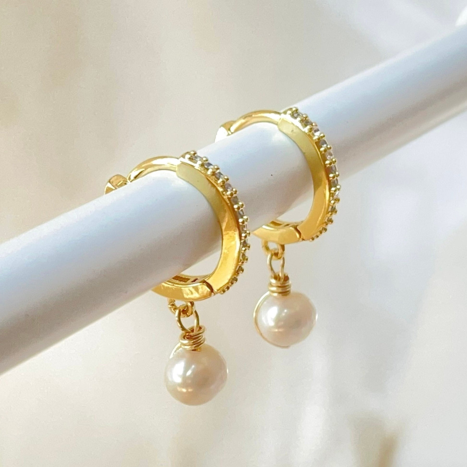 Dangle pearl hoop earrings gold plated, cubic zirconia hoops, natural pearl, fresh water pearl