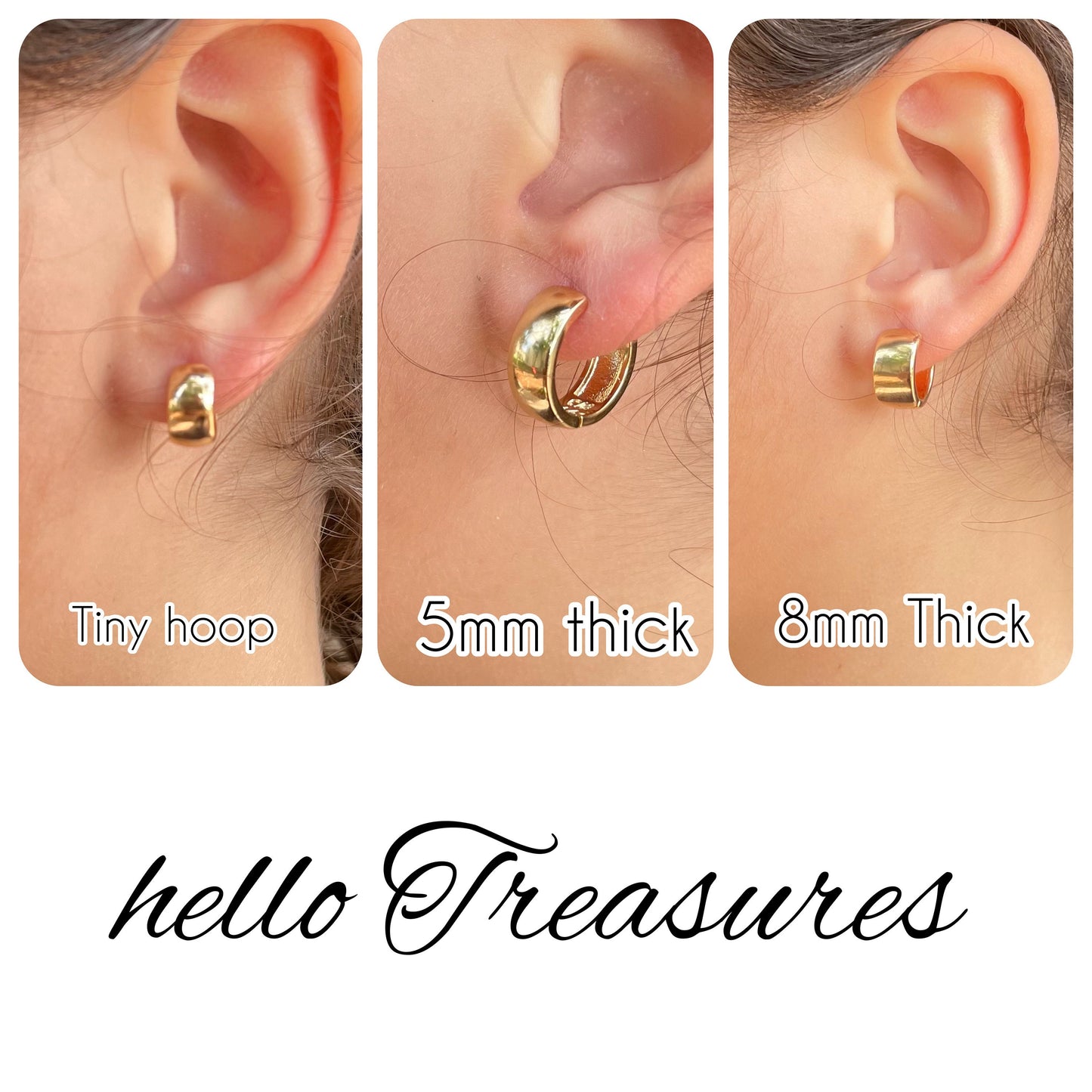 3 styles of huggie hoops, tiny hoop, 5mm thick wide hoop, 8mm thick wide hoop, in 18k gold filled